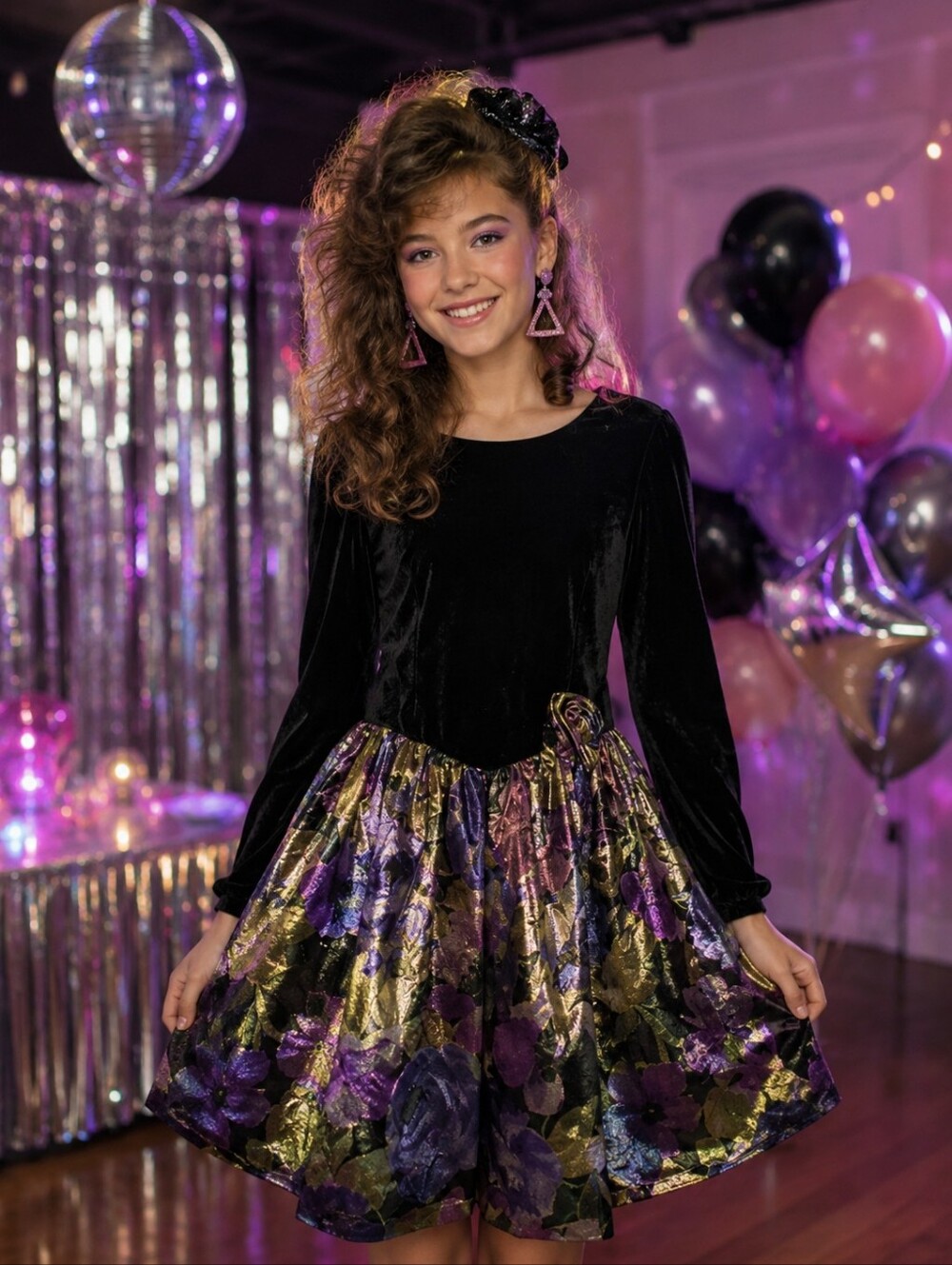 vtg 80s by Berkeley juniors black velvet metallic floral lame formal dress
